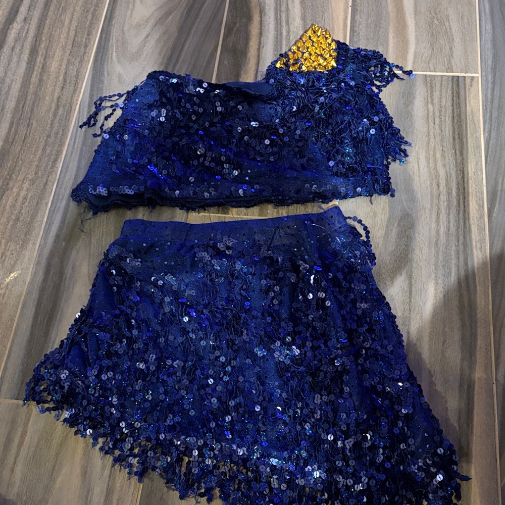 Elegant Blue Sequin Skirt Set - gold:blue- P2P:14